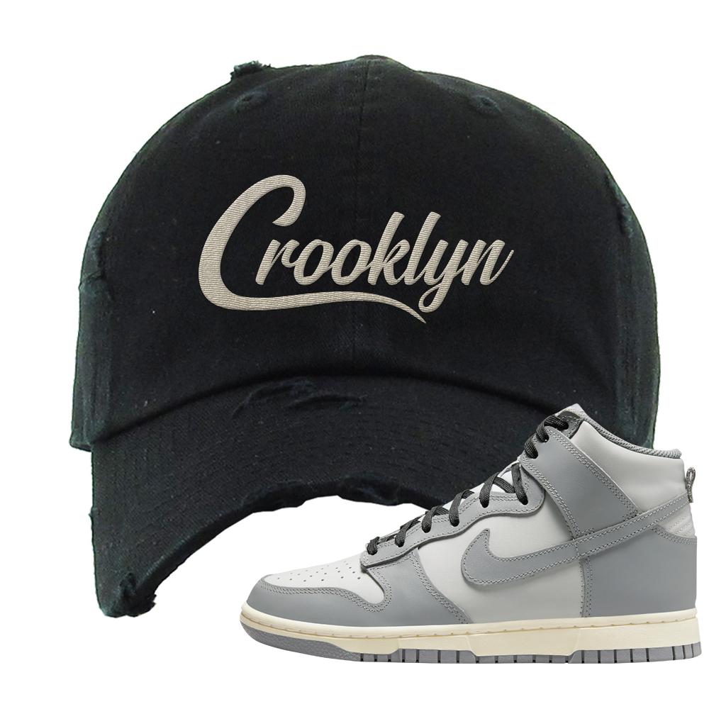 Aged Greyscale High Dunks Distressed Dad Hat | Crooklyn, Black