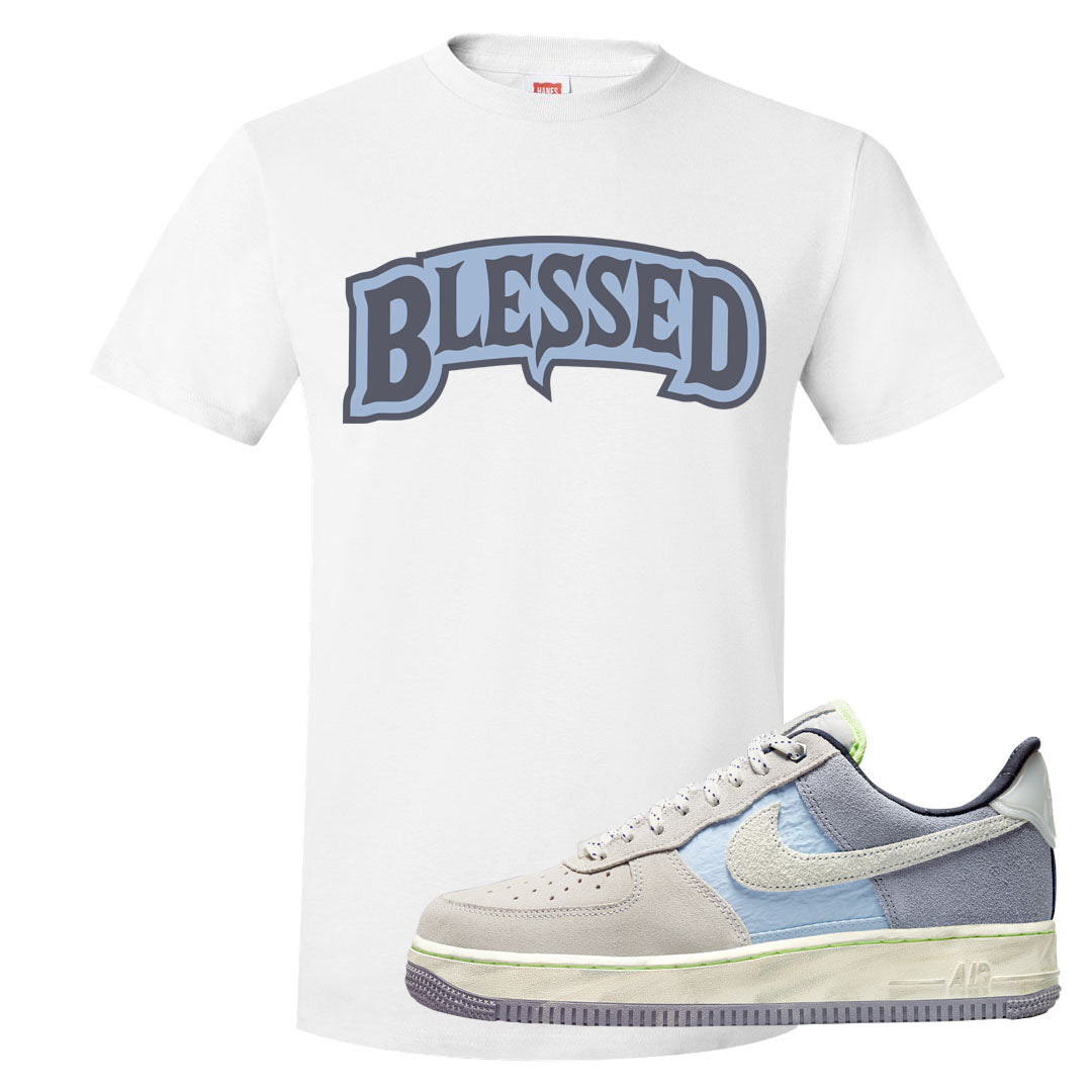 Womens Mountain White Blue AF 1s T Shirt | Blessed Arch, White