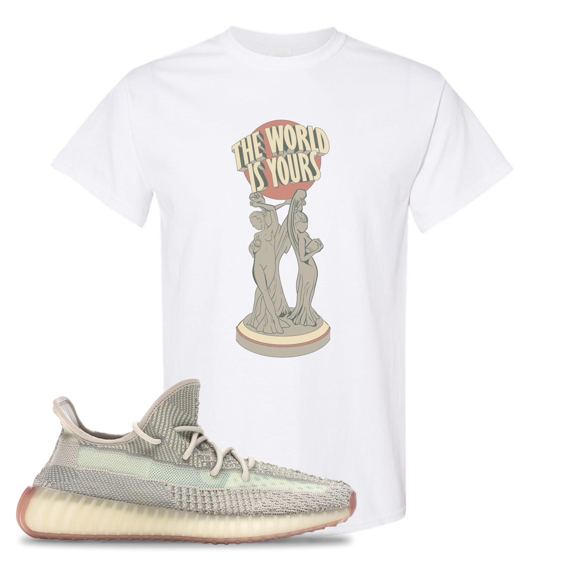 Yeezy Boost 350 V2 Citrin Non-Reflective The World Is Yours Statue White Sneaker Matching Tee Shirt
