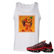 printed on the front of the air max plus sunburst sneaker matching white tank top is the lady fruit box logo