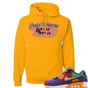 Printed on the front of the gold Air Max 97 Viotech sneaker matching hoodie is the Make Runners Great Again logo