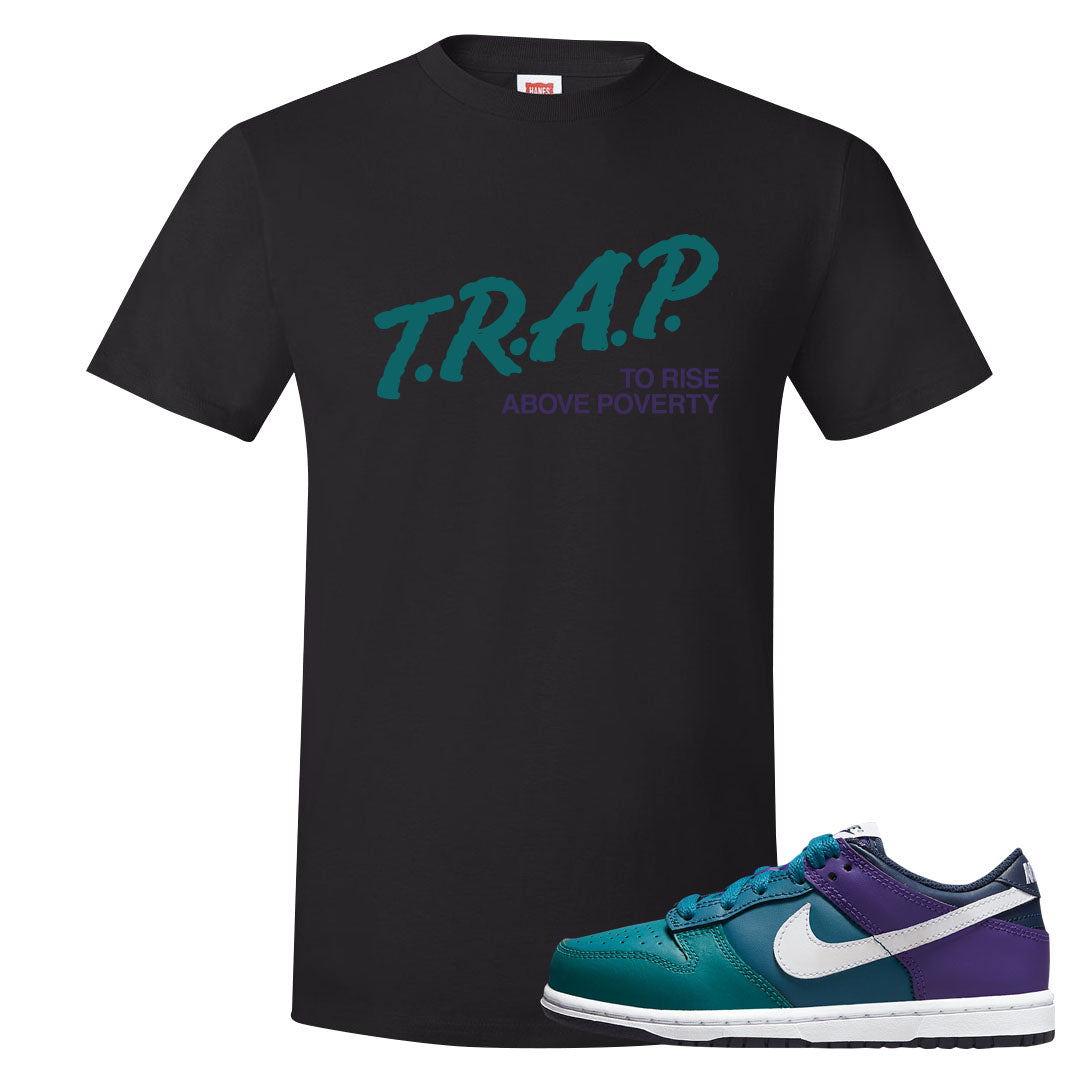 Teal Purple Low Dunks T Shirt | Trap To Rise Above Poverty, Black