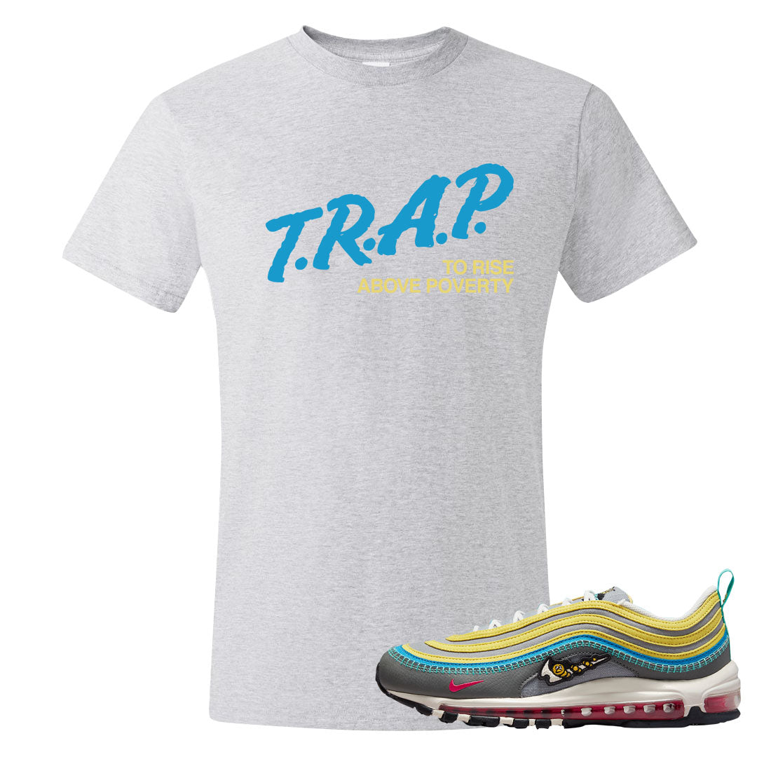 Sprung Yellow 97s T Shirt | Trap To Rise Above Poverty, Ash