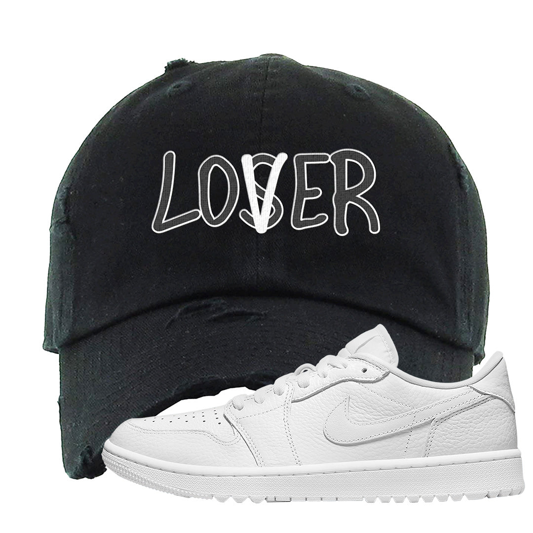 Triple White Golf Low 1s Distressed Dad Hat | Lover, Black