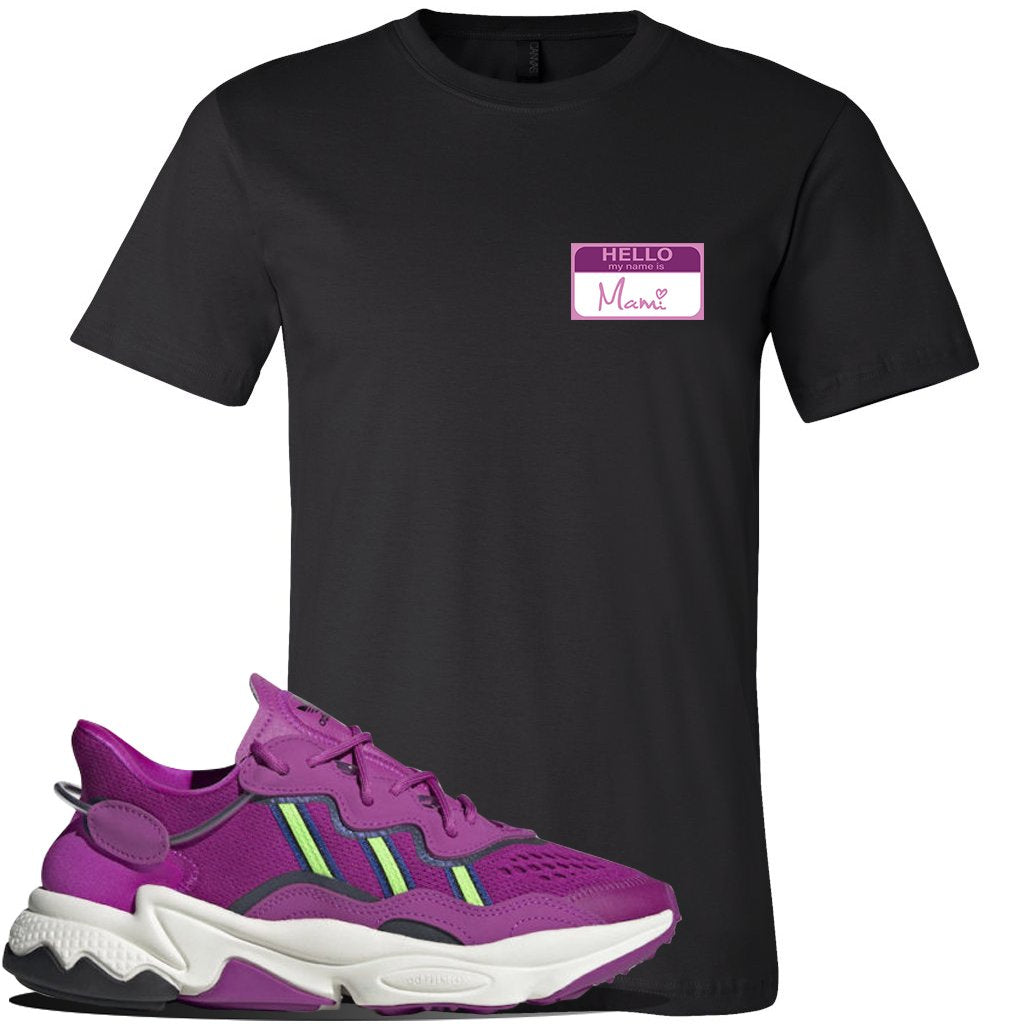 Ozweego Vivid Pink Sneaker Black T Shirt | Tees to match Adidas Ozweego Vivid Pink Shoes | Hello my Name is Mami