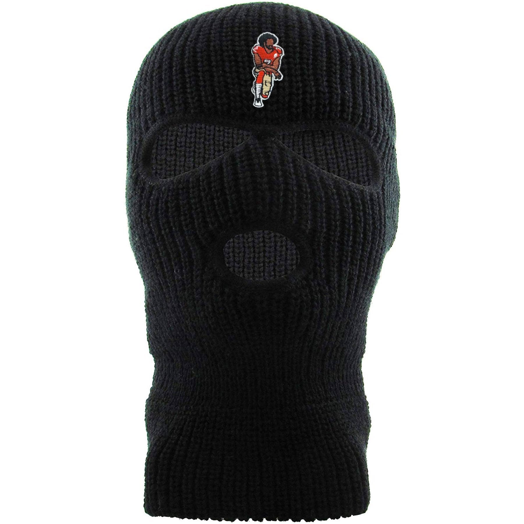 On the front of the kaepernick black ski mask is the colin kaepernick taking a knee logo