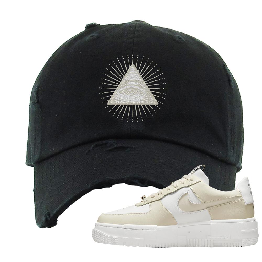 Pixel Cream White Force 1s Distressed Dad Hat | All Seeing Eye, Black