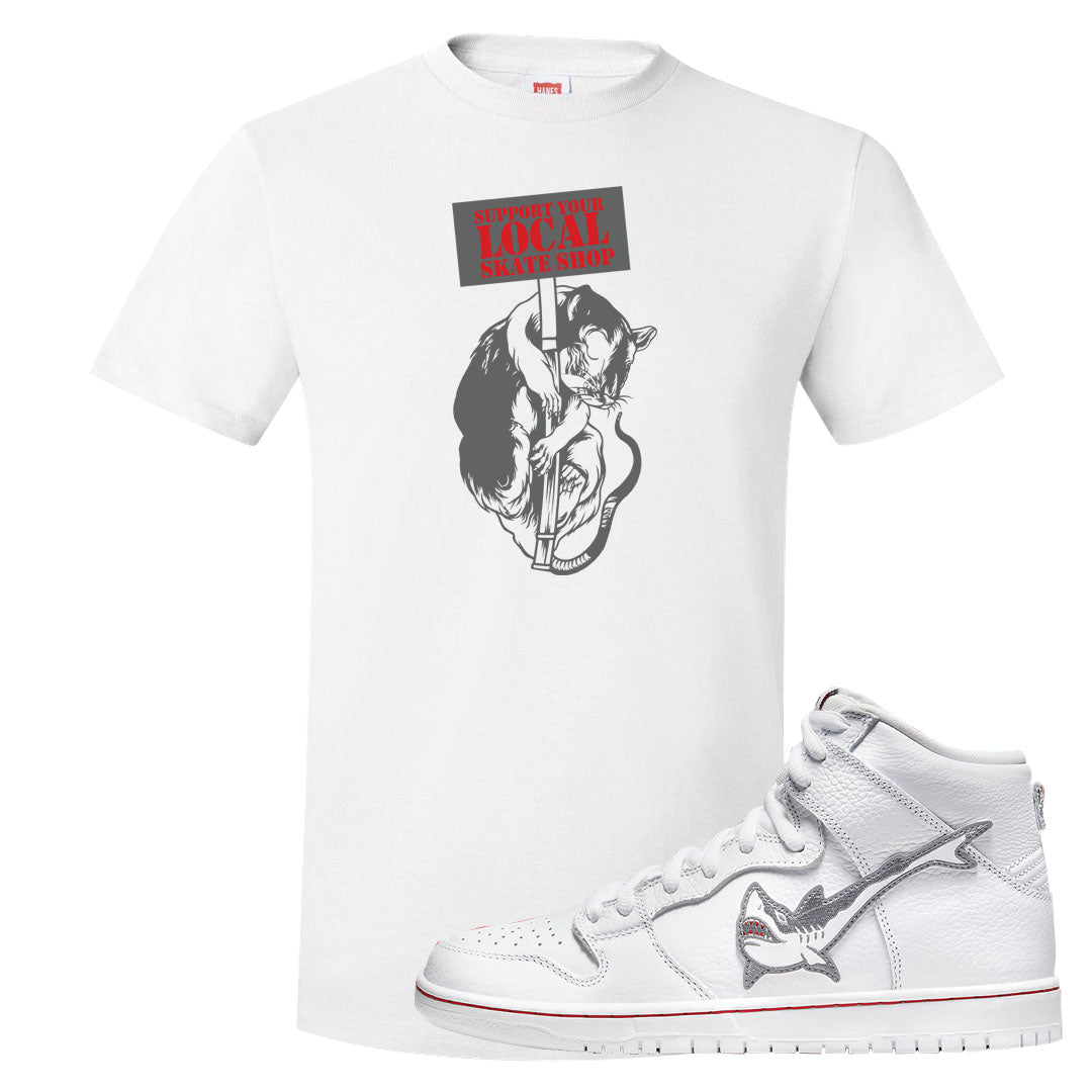 Shark High Dunks T Shirt | Support Your Local Skate Shop, White