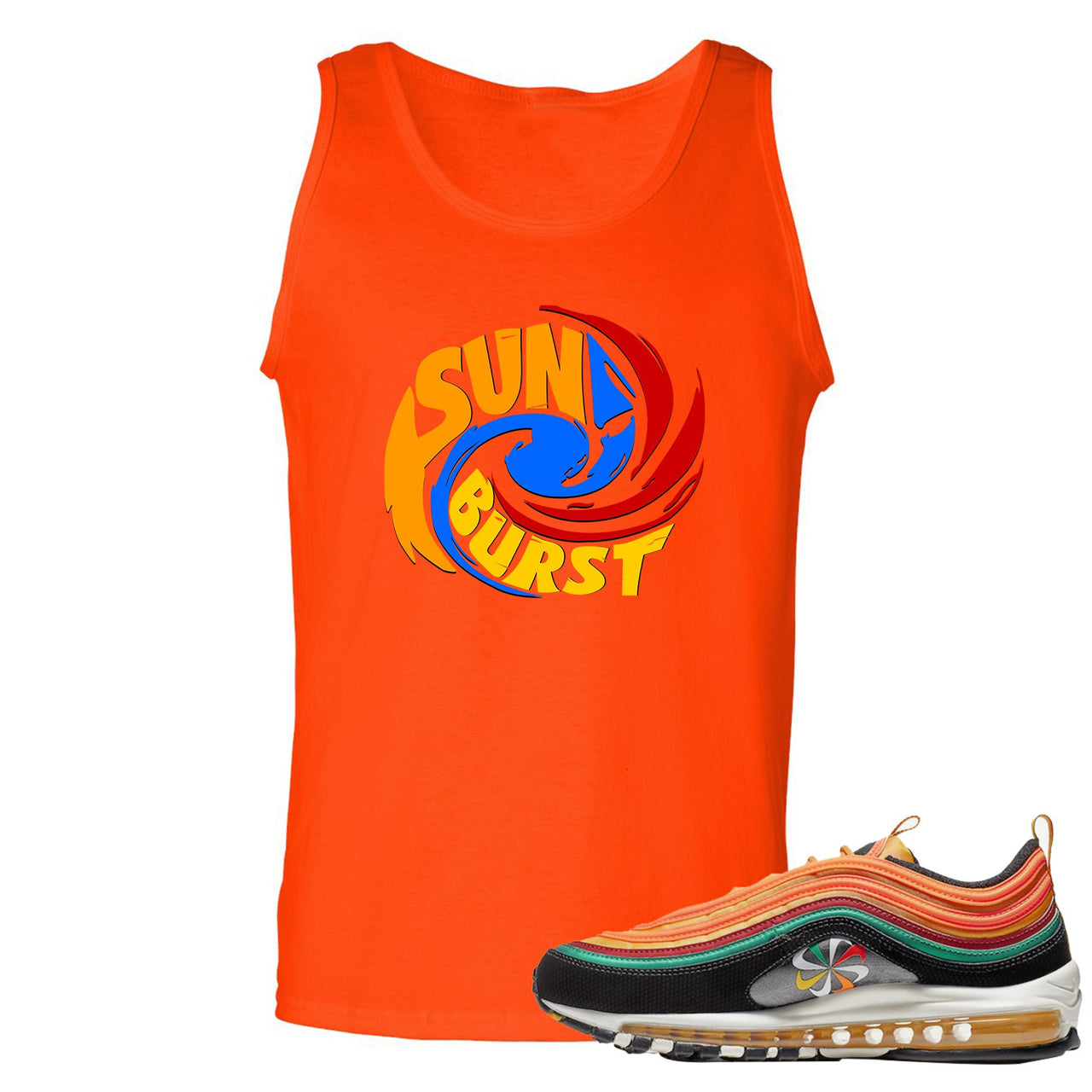 Printed on the front of the Air Max 97 Sunburst orange sneaker matching tank top is the sunburst hurricane logo