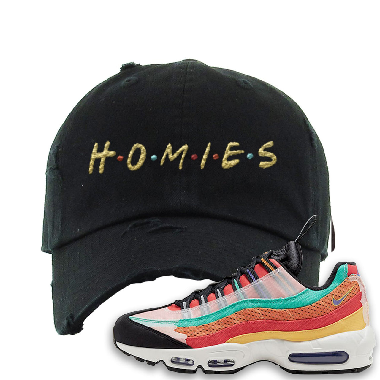 Air Max 95 Black History Month Sneaker Black Distressed Dad Hat | Hat to match Air Max 95 Black History Month Shoes | Homies