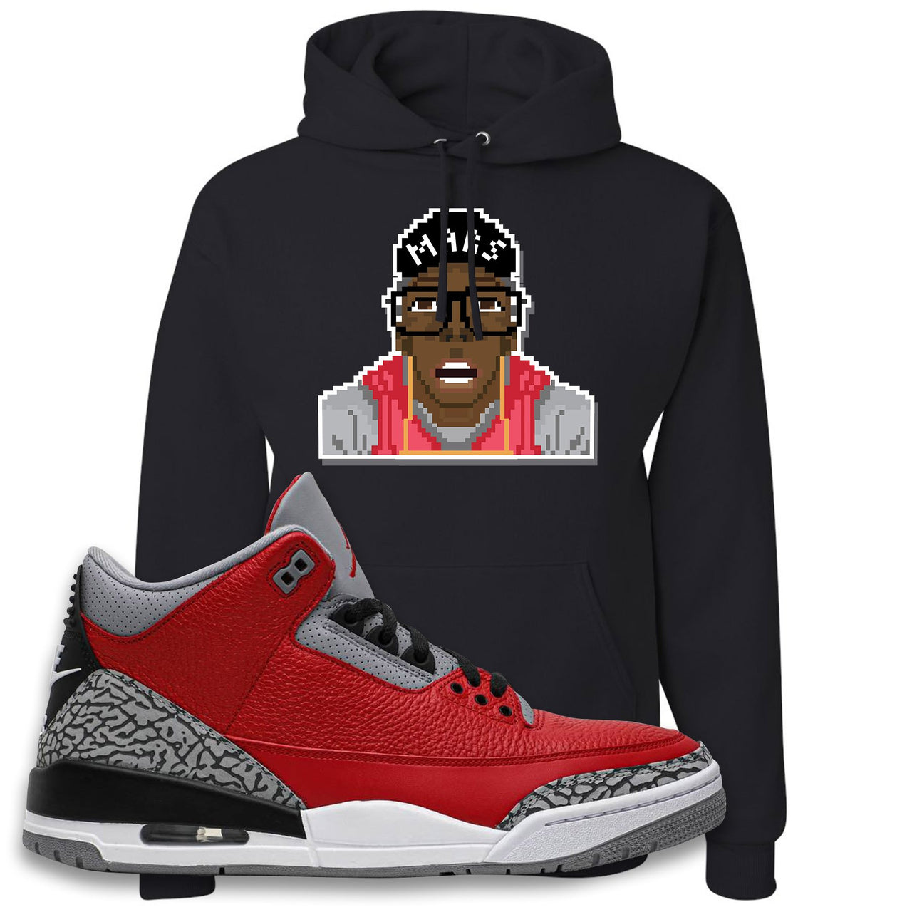 Jordan 3 Red Cement Chicago All-Star Sneaker Black Pullover Hoodie | Hoodie to match Jordan 3 All Star Red Cement Shoes | Mars Pixel