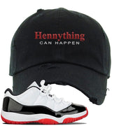 Jordan 11 Low White Black Red Sneaker Black Distressed Dad Hat | Hat to match Nike Air Jordan 11 Low White Black Red Shoes | HennyThing Is Possible