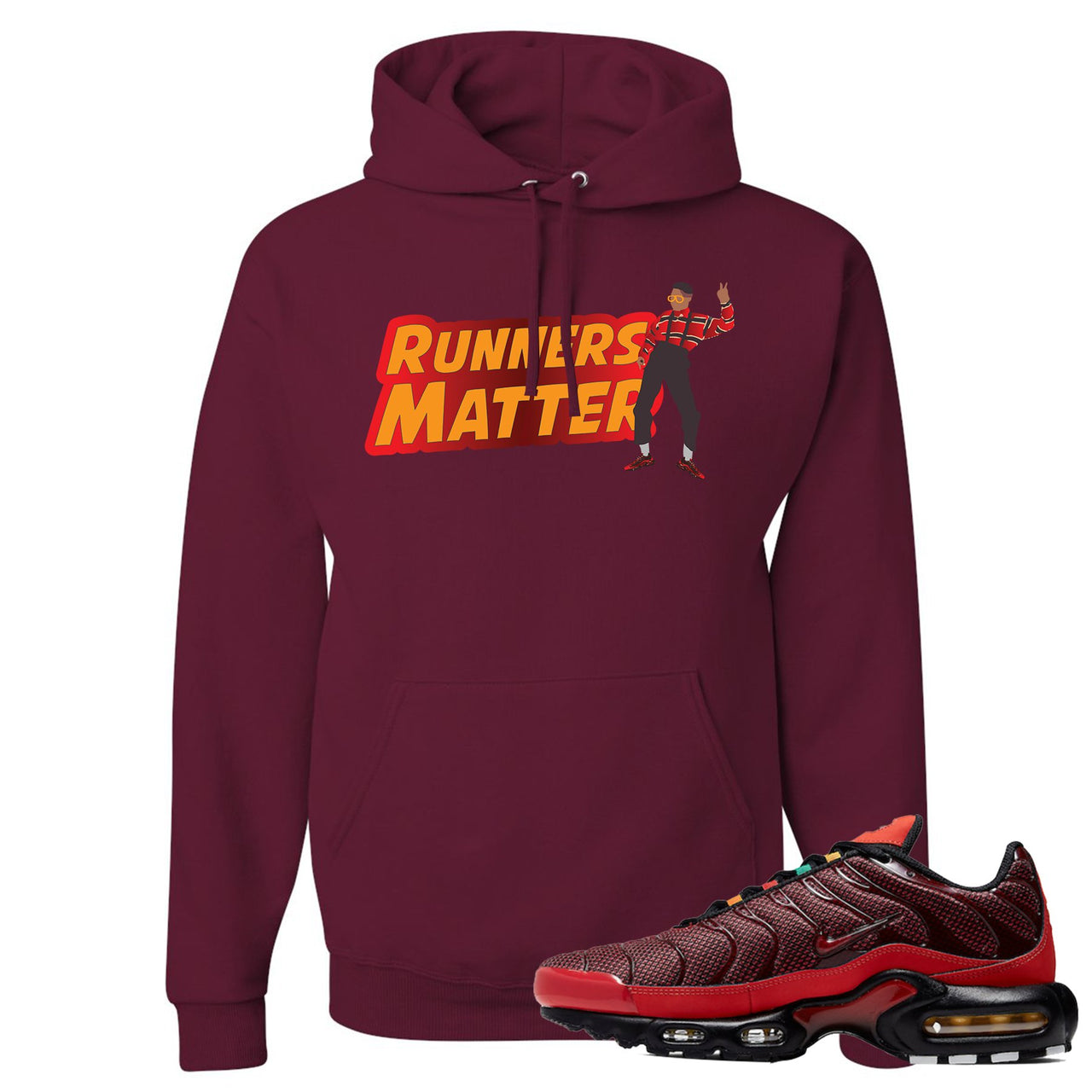 printed on the front of the air max plus sunburst sneaker matching maroon pullover hoodie is the runners matter logo