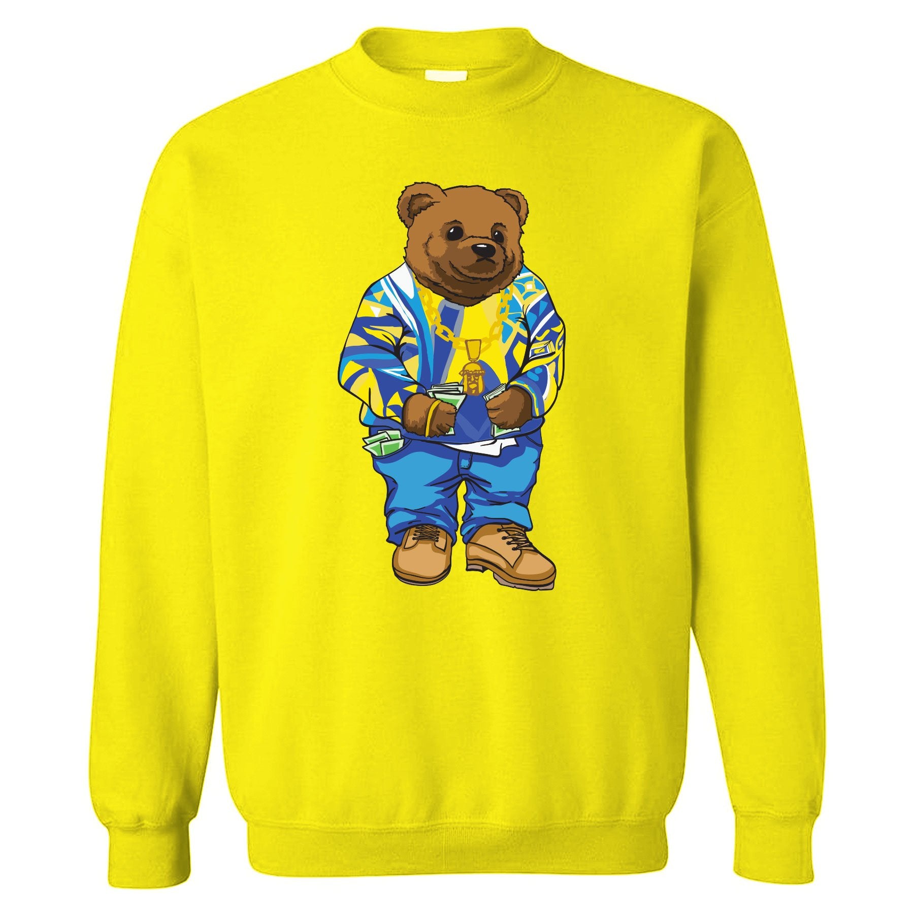 Printed on the front of the Air Jordan 5 Alternate Laney sneaker matching yellow crewneck is the Sweater Bear wearing a coogi sweater that matches the Air Jordan 5 Laney sneakers