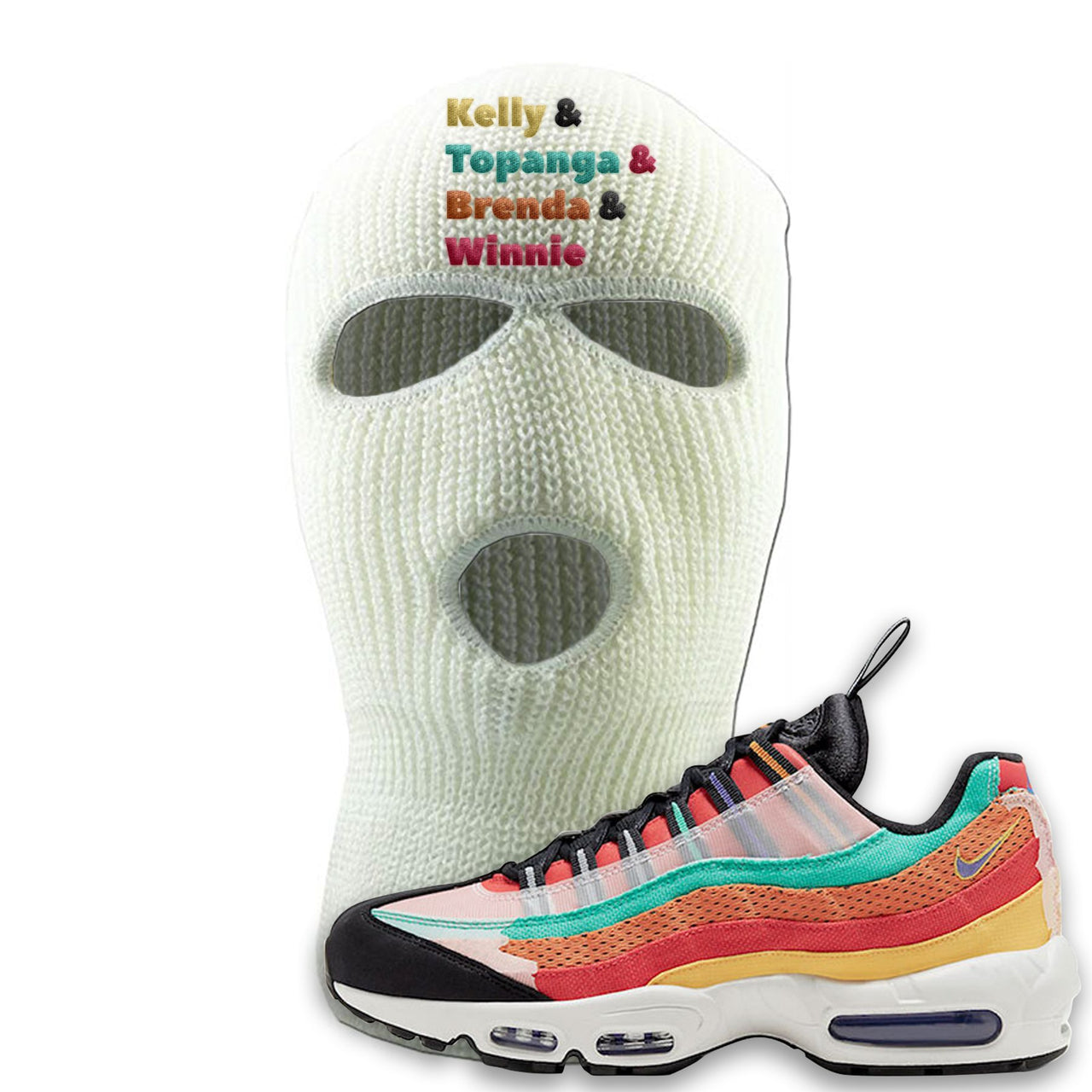 Air Max 95 Black History Month Sneaker White Ski Mask | Winter Mask to match Air Max 95 Black History Month Shoes | Kelly And Gang