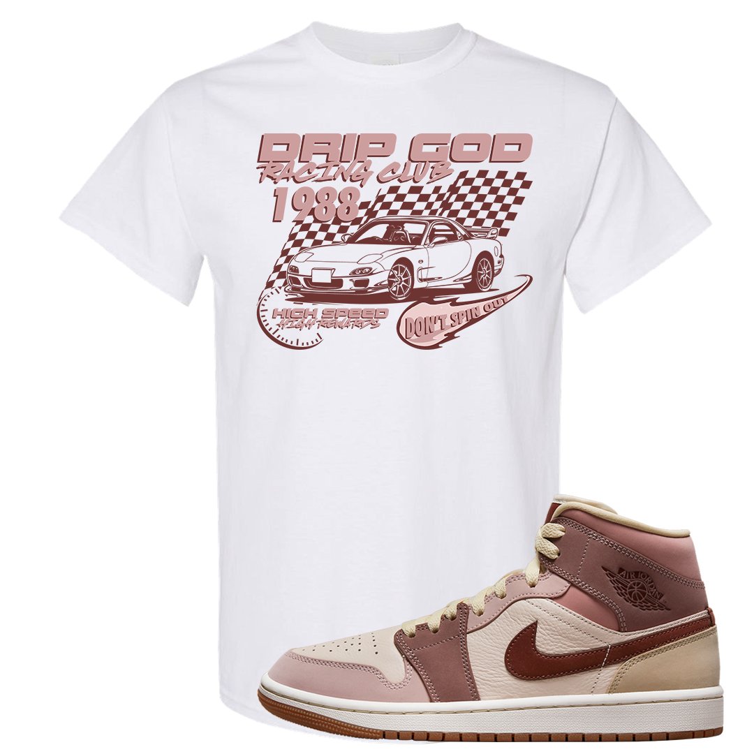 Pink Sand Mauve Mid 1s T Shirt | Drip God Racing Club, White