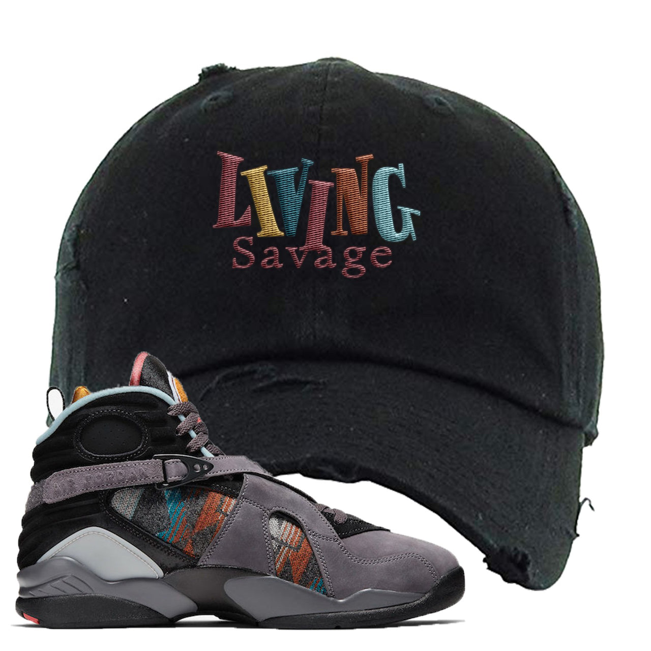 Jordan 8 N7 Pendleton Living Savage Black Sneaker Hook Up Distressed Dad Hat