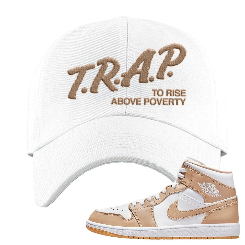 Air Jordan 1 Mid Tan Leather Dad Hat | Trap To Rise Above Poverty, White