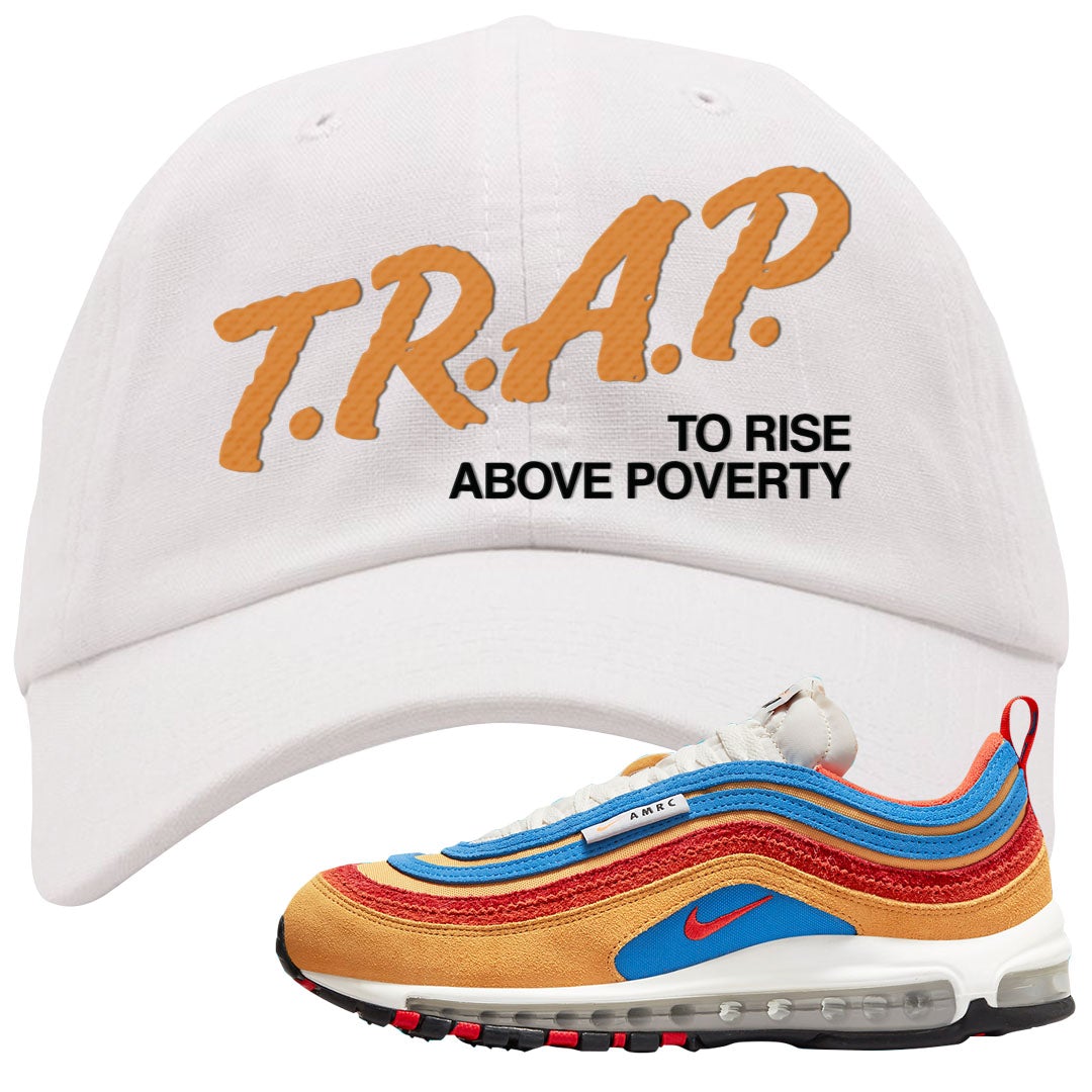 Tan AMRC 97s Dad Hat | Trap To Rise Above Poverty, White