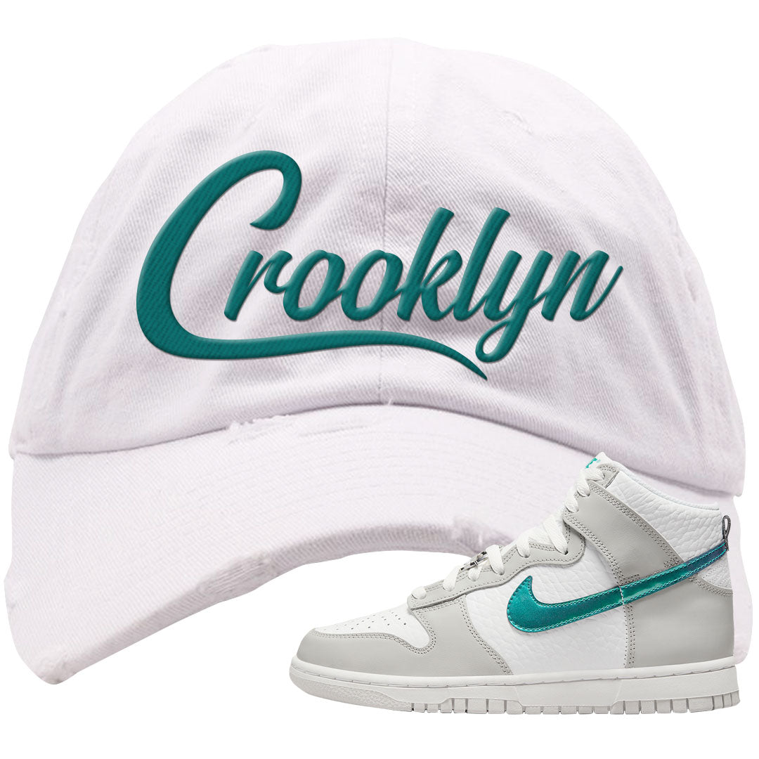 White Grey Turquoise High Dunks Distressed Dad Hat | Crooklyn, White