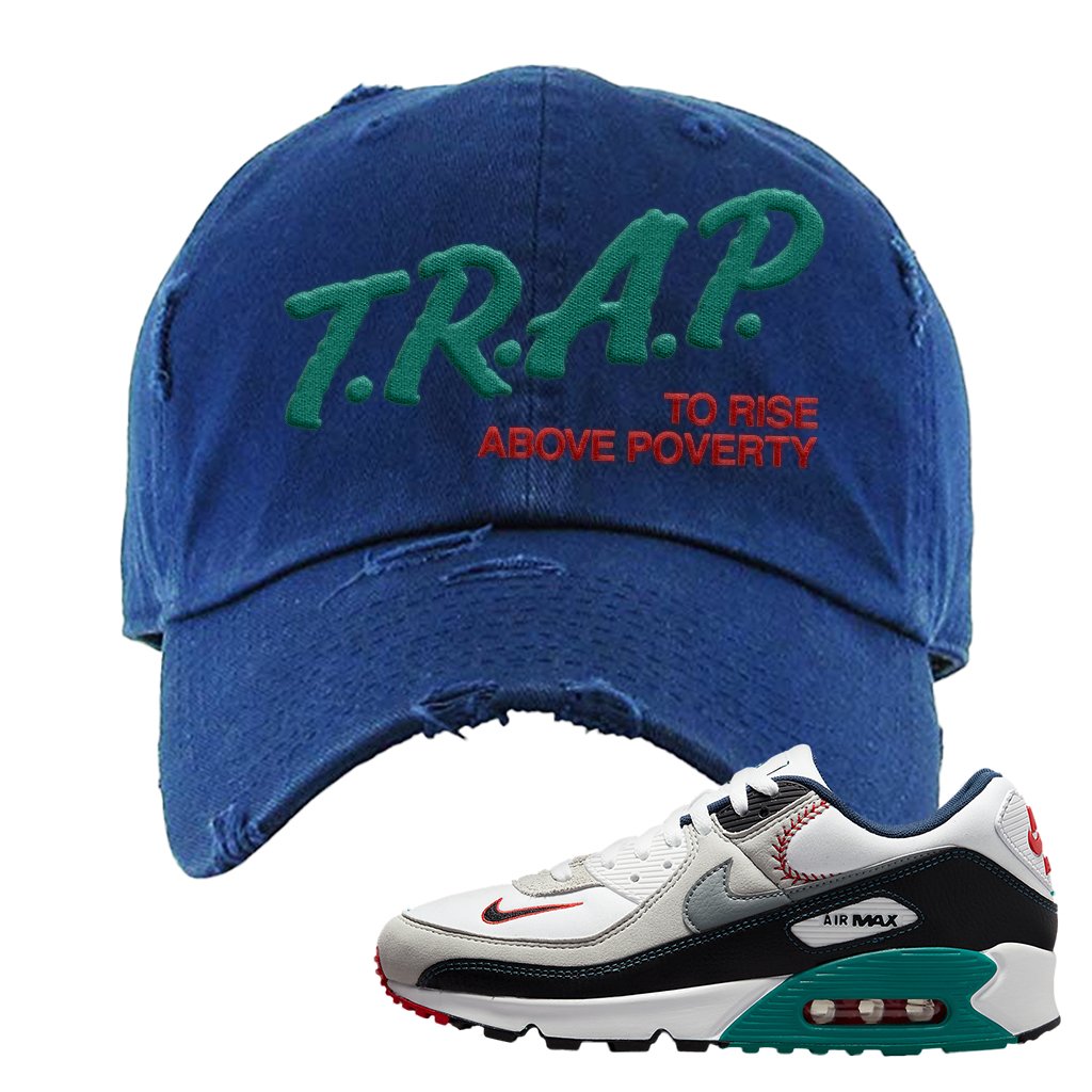 Air Max 90 Backward Cap Distressed Dad Hat | Trap To Rise Above Poverty, Navy Blue