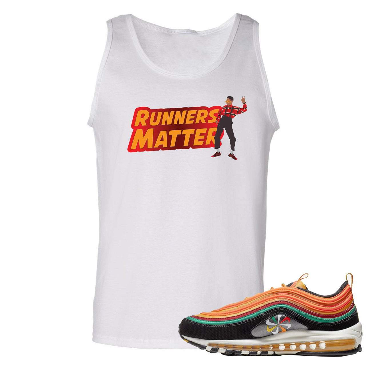 Printed on the front of the Air Max 97 Sunburst white sneaker matching tank top is the Runners Matter logo