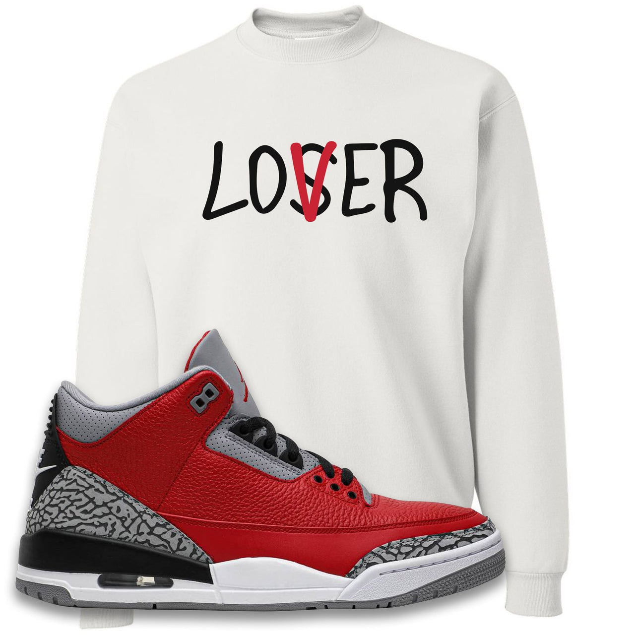 Chicago Exclusive Jordan 3 Red Cement Sneaker White Crewneck Sweatshirt | Crewneck to match Jordan 3 All Star Red Cement Shoes | Lover