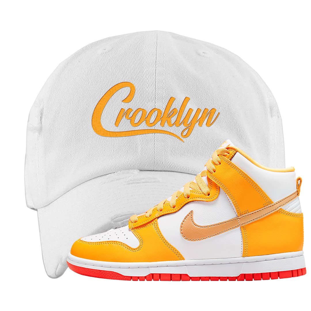 Yellow Gold Orange High Dunks Distressed Dad Hat | Crooklyn, White