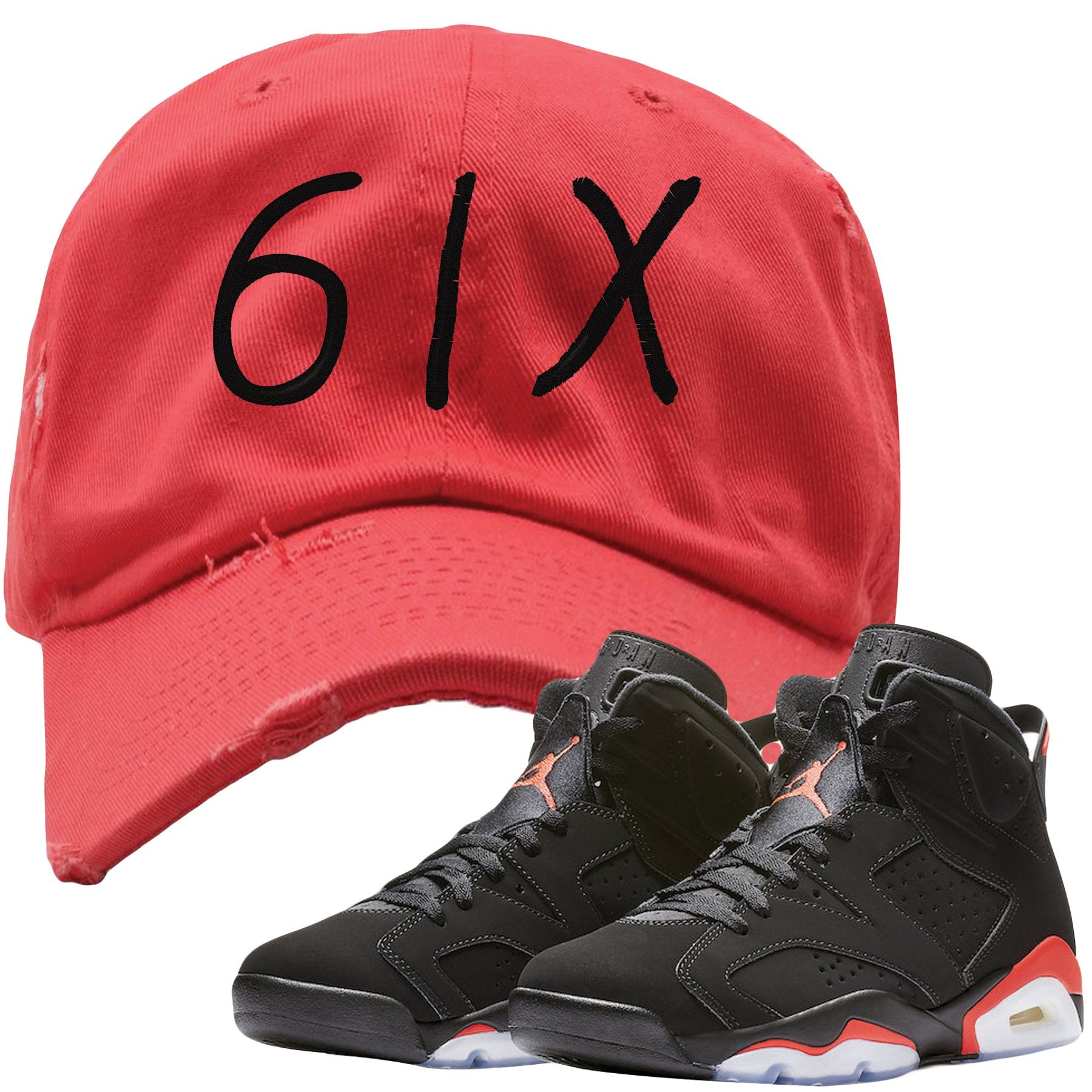 The Jordan 6 Infrared Distressed Dad Hat is custom designed to perfectly match the retro Jordan 6 Infrared sneakers from Nike.
