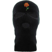 Embroidered on the forehead of the black three hole rose bud ski mask is the rose bud logo in red, green, and metallic gold