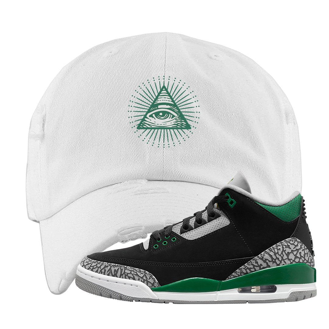 Pine Green 3s Distressed Dad Hat | All Seeing Eye, White