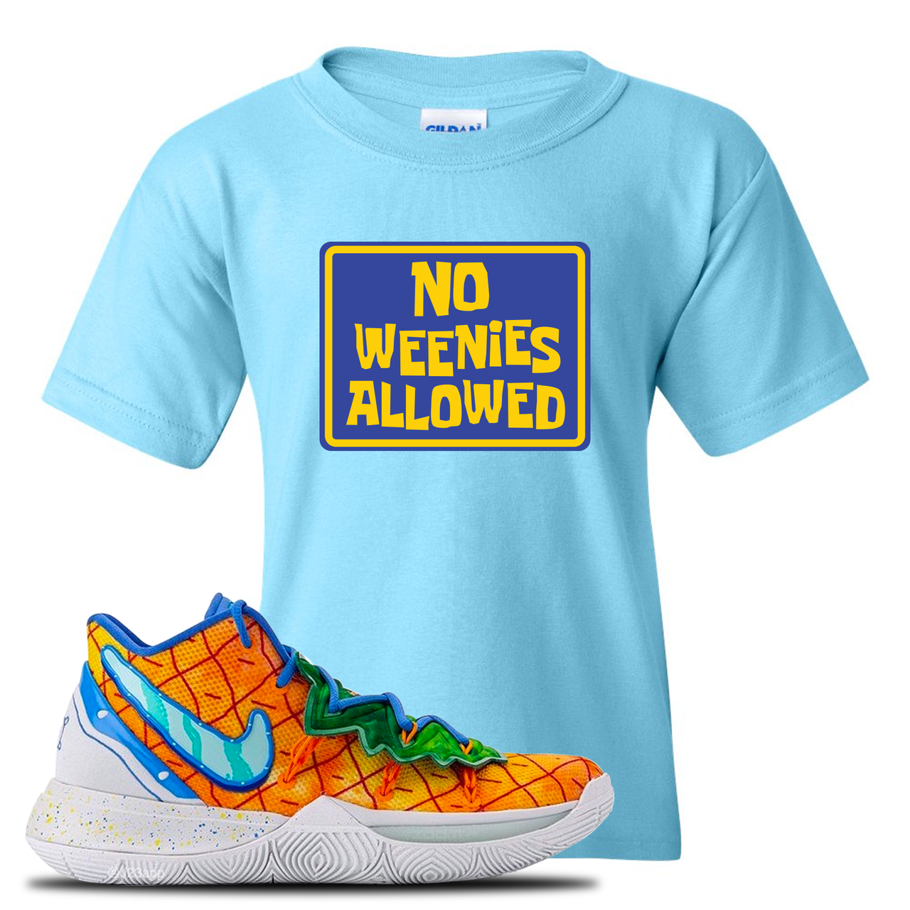 Kyrie 5 Pineapple House No Weenies Allowed Sky Blue Sneaker Hook Up Kid's T-Shirt