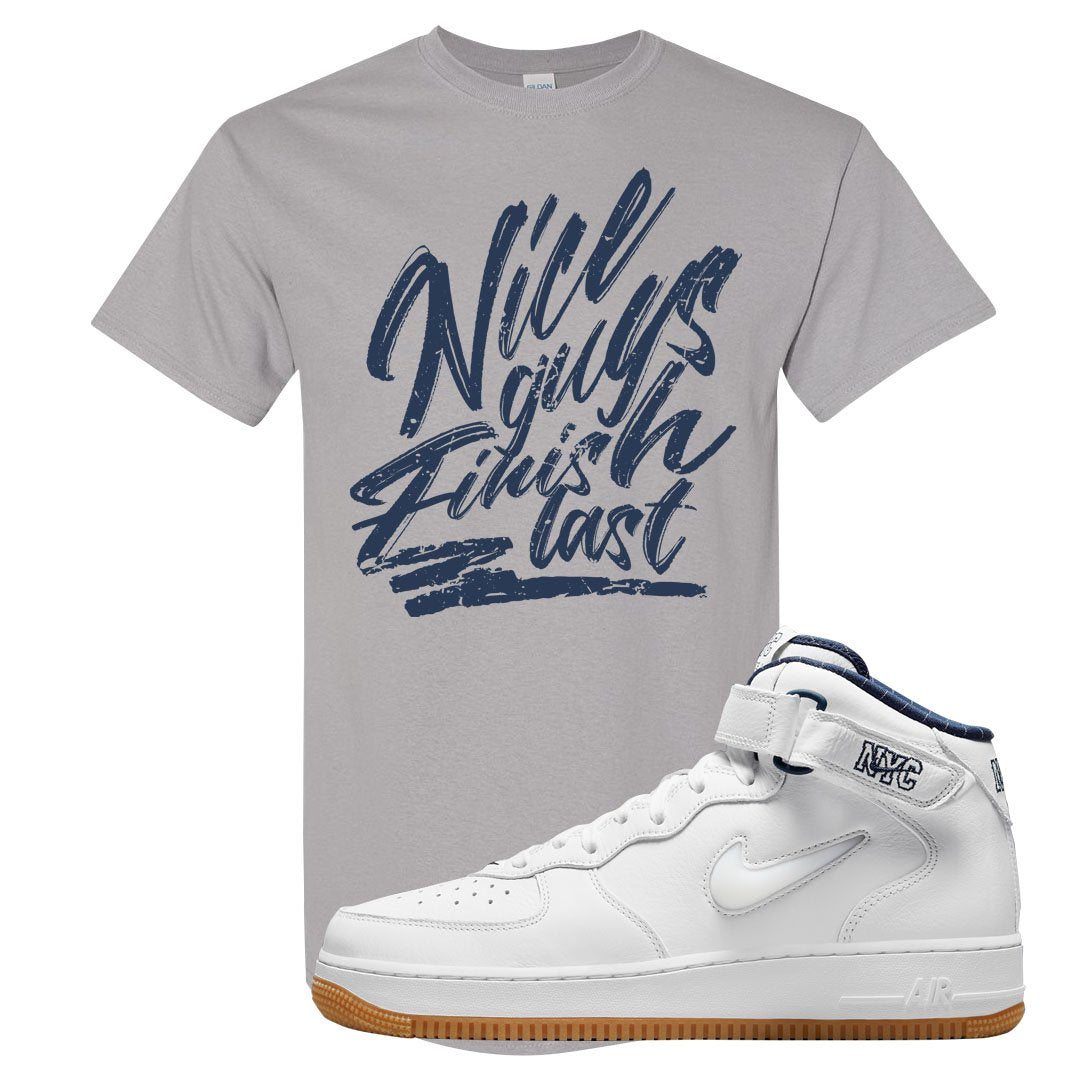 White NYC Mid AF1s T Shirt | Nice Guys Finish Last, Gravel