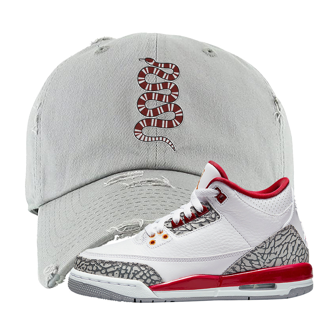 Cardinal Red 3s Distressed Dad Hat | Coiled Snake, Light Gray