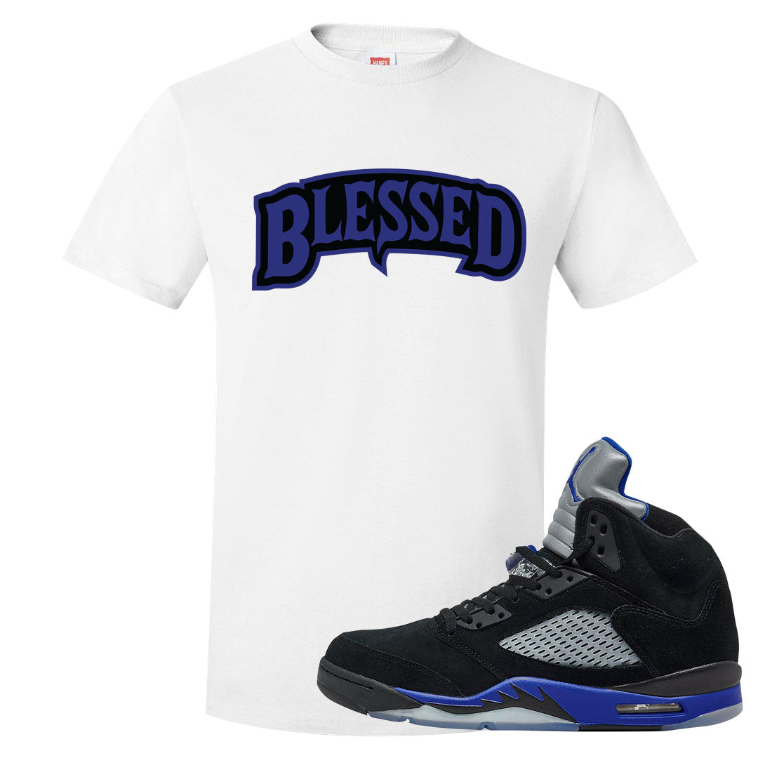 Racer Blue 5s T Shirt | Blessed Arch, White