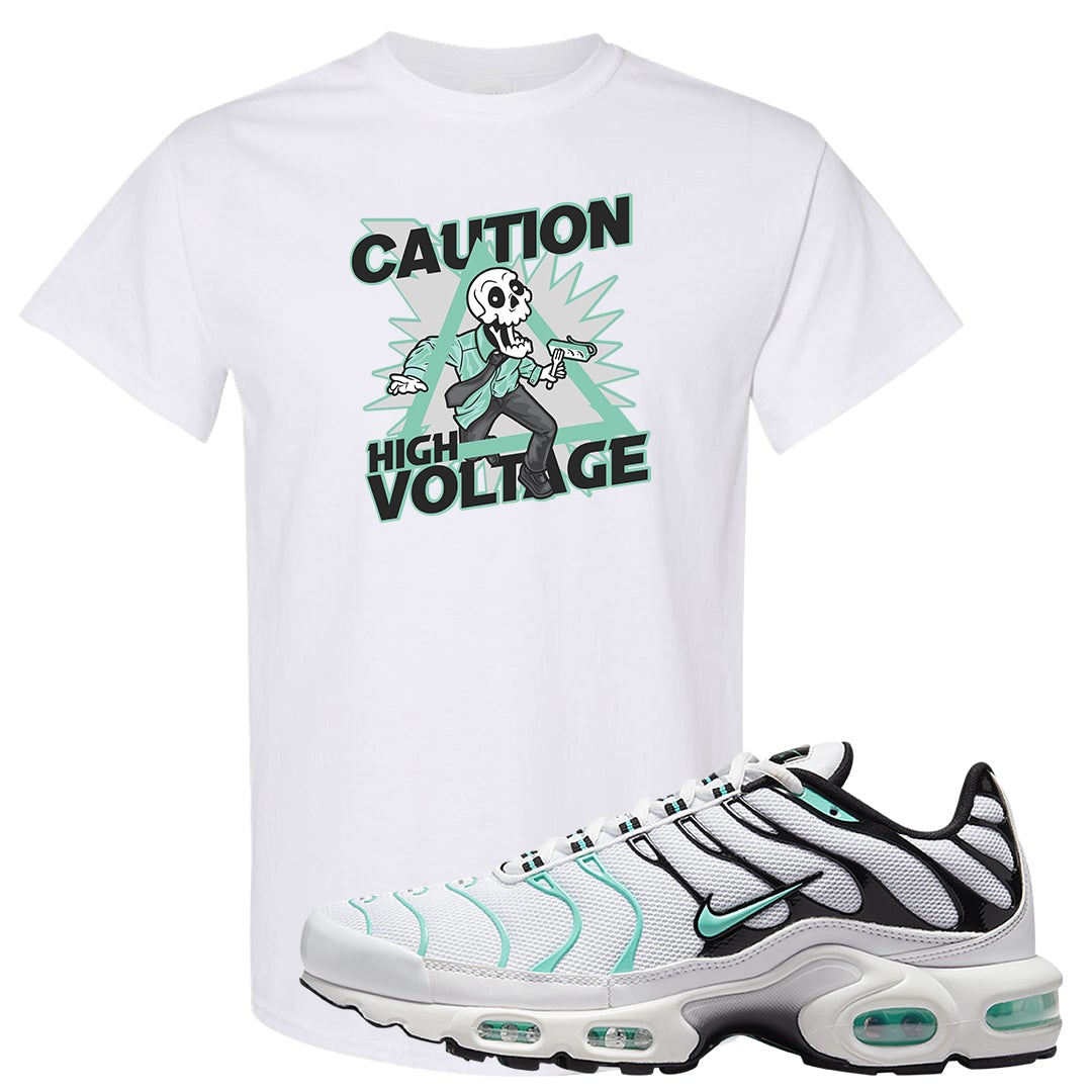 Hyper Jade Pluses T Shirt | Caution High Voltage, White