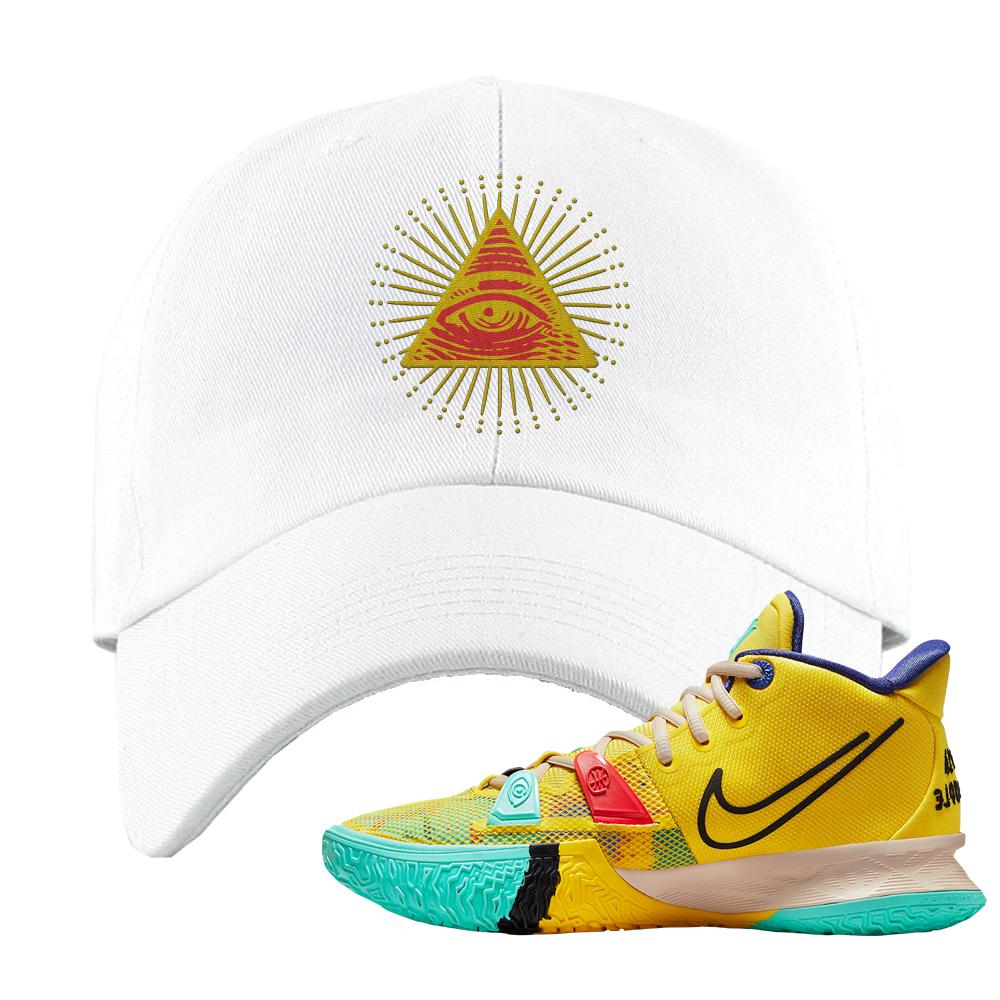 1 World 1 People Yellow 7s Dad Hat | All Seeing Eye, White