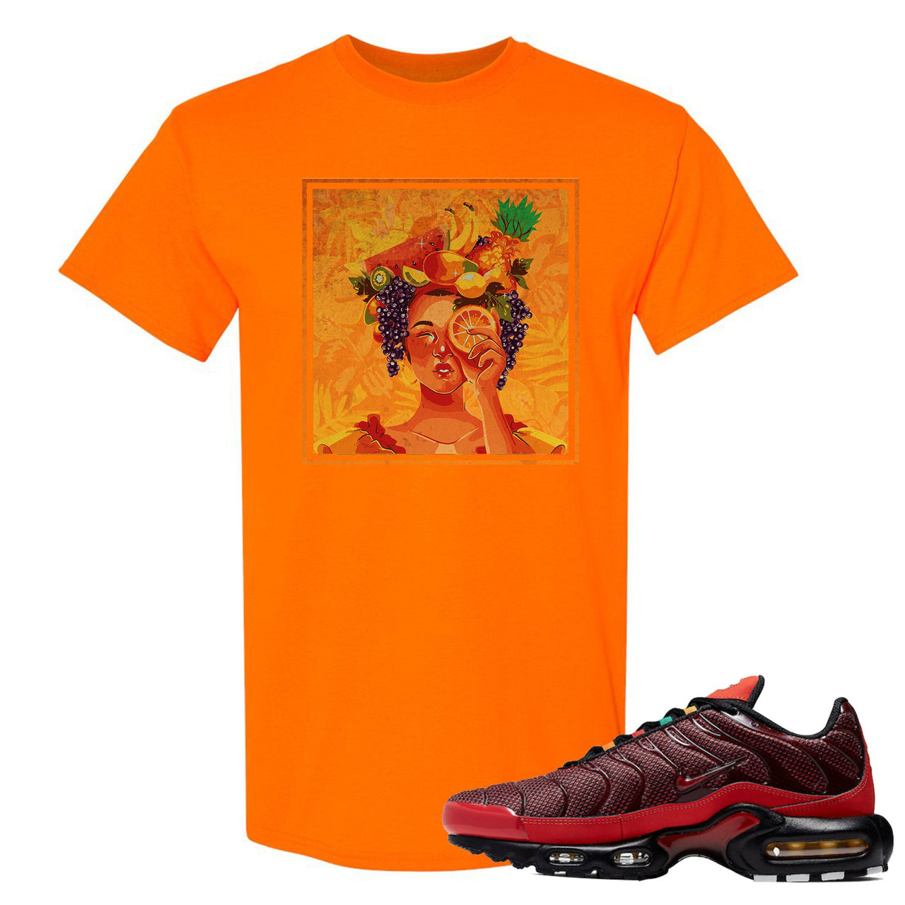 printed on the front of the air max plus sunburst sneaker matching tee shirt is the lady fruit logo