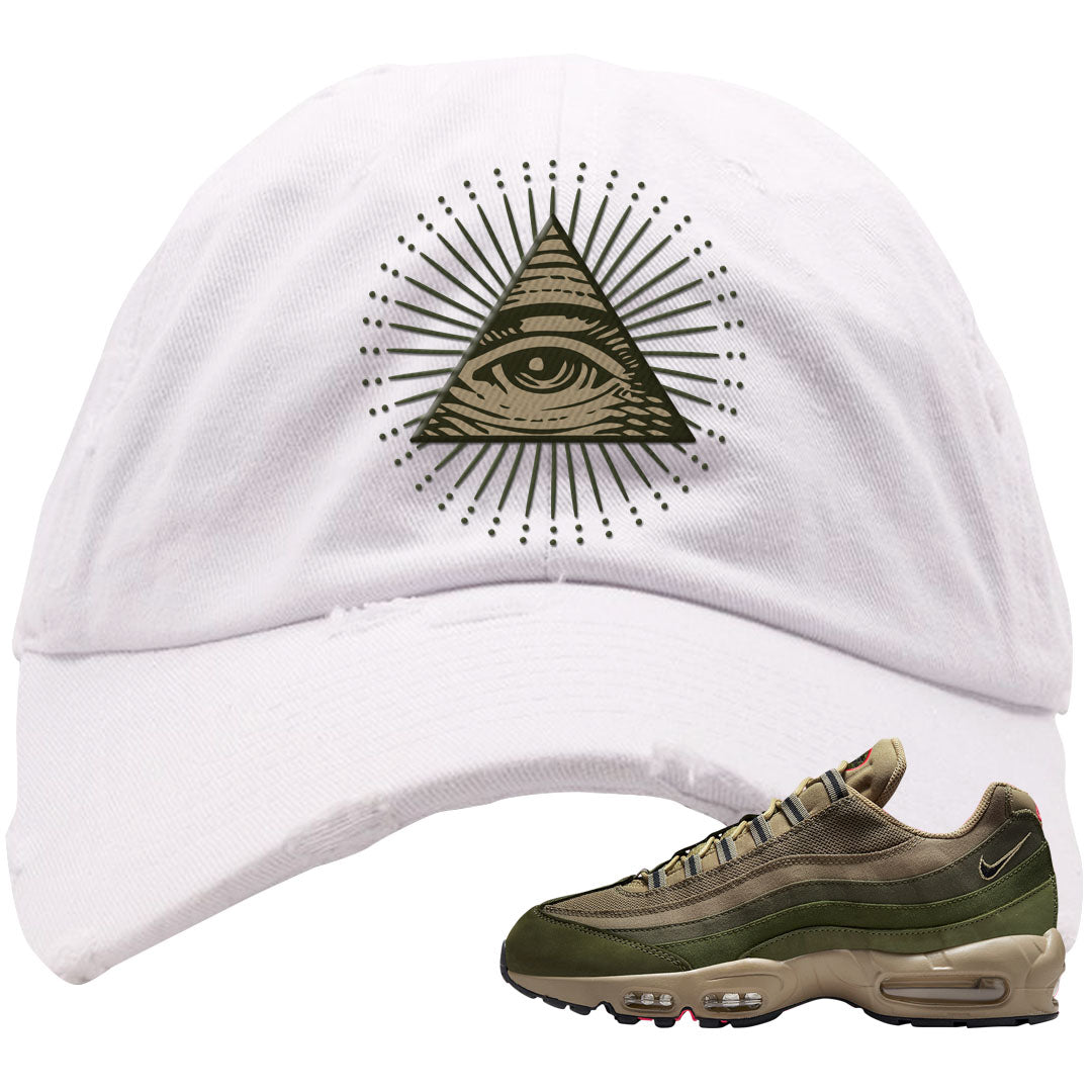 Medium Olive Rough Green 95s Distressed Dad Hat | All Seeing Eye, White