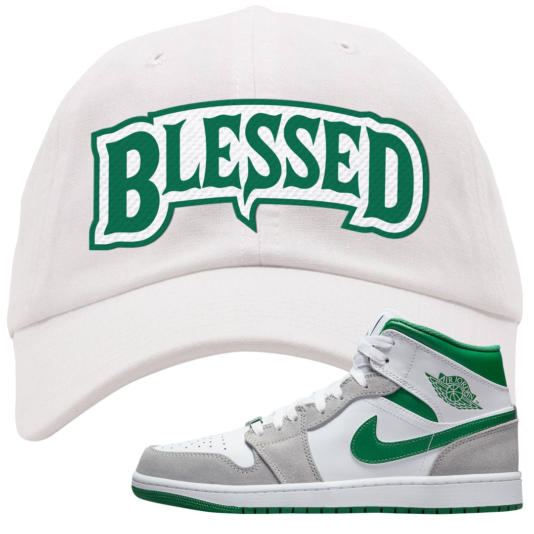 Light Smoke Pine Green Mid 1s Dad Hat | Blessed Arch, White