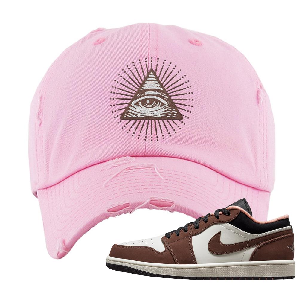 Mocha Low 1s Distressed Dad Hat | All Seeing Eye, Light Pink
