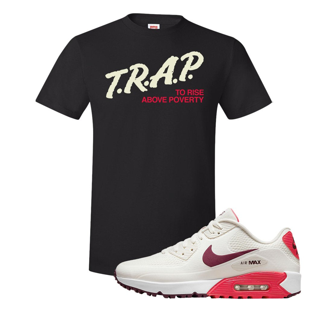 Fusion Red Dark Beetroot Golf 90s T Shirt | Trap To Rise Above Poverty, Black