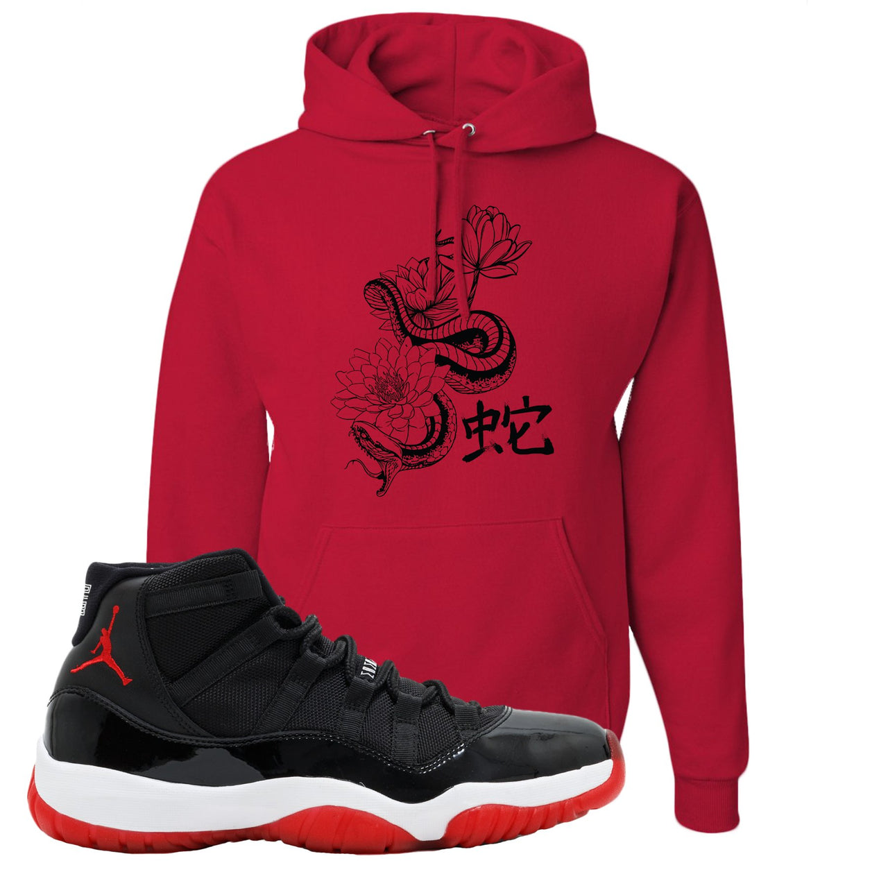 Jordan 11 Bred Snake Lotus Red Sneaker Hook Up Pullover Hoodie