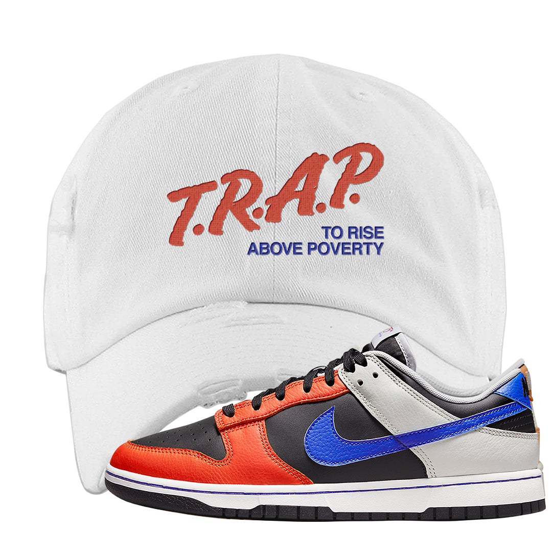 75th Anniversary Low Dunks Distressed Dad Hat | Trap To Rise Above Poverty, White