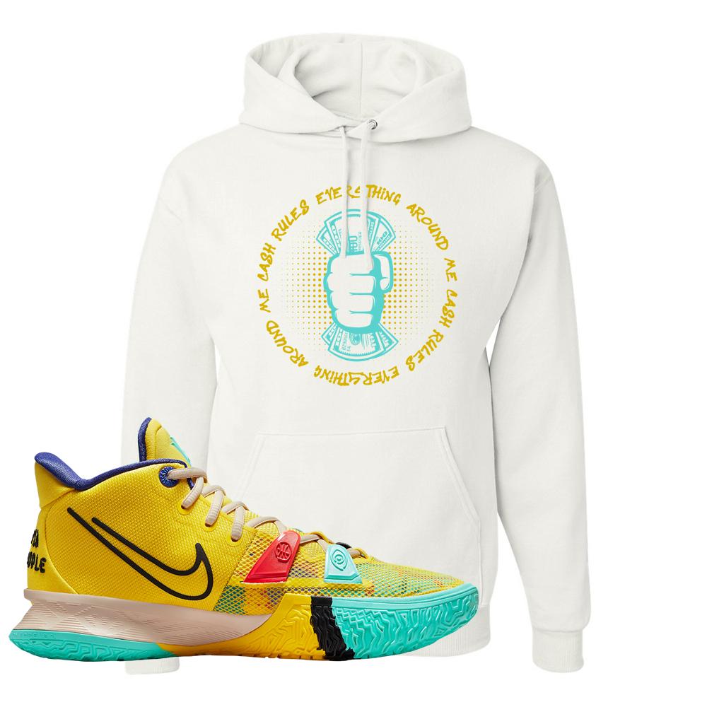 1 World 1 People Yellow 7s Hoodie | Cash Rules Everything Around Me, White