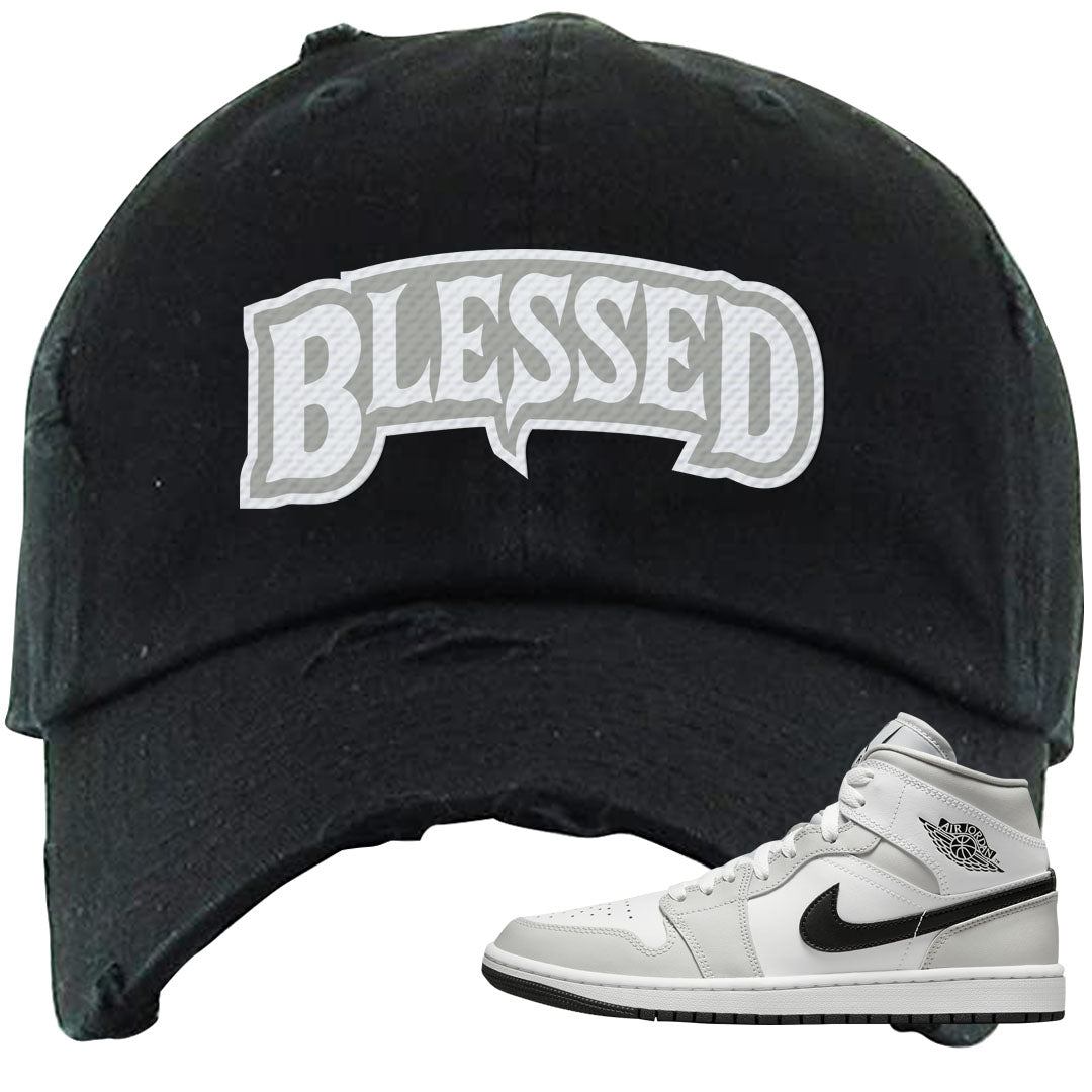 Light Smoke Grey Mid 1s Distressed Dad Hat | Blessed Arch, Black