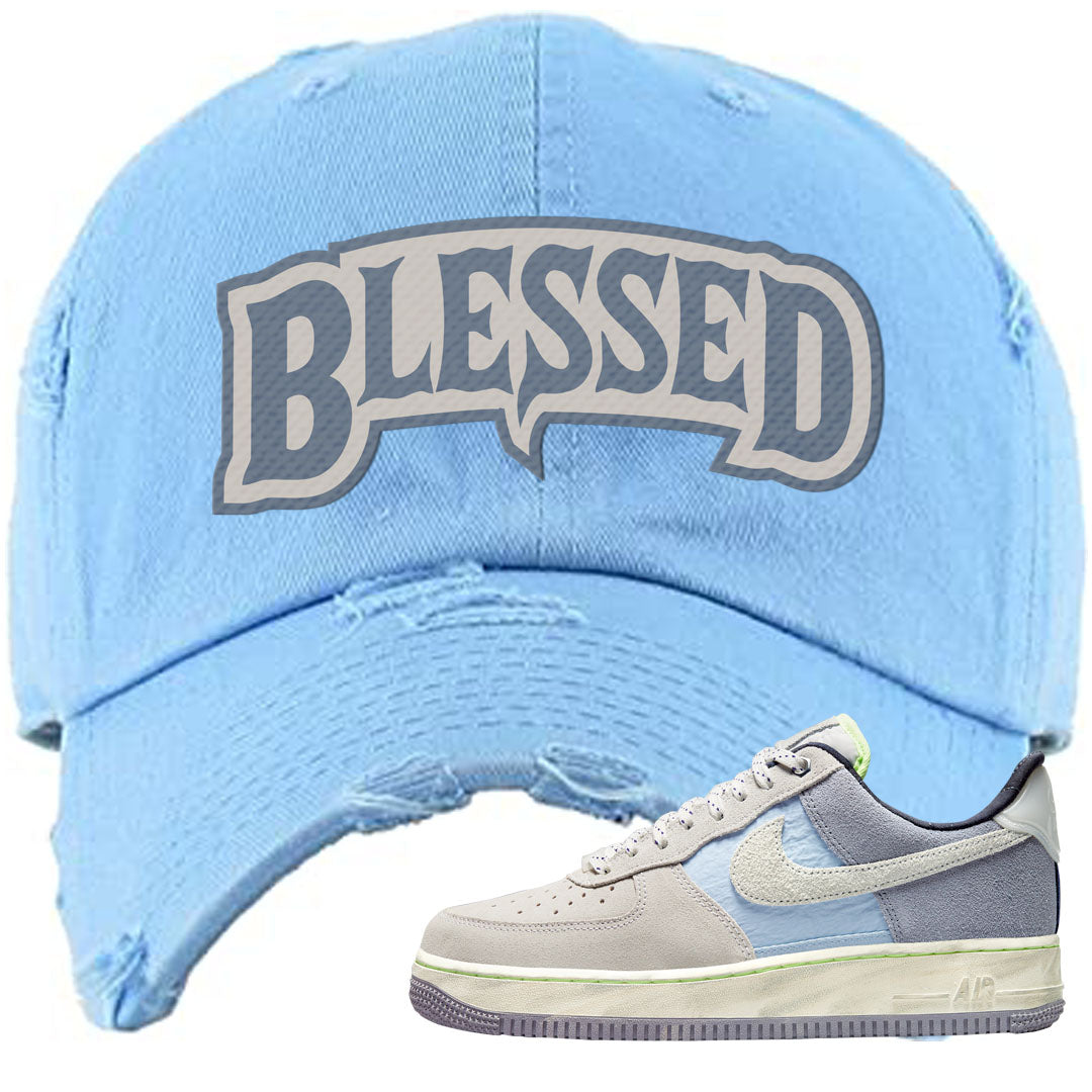 Womens Mountain White Blue AF 1s Distressed Dad Hat | Blessed Arch, Light Blue