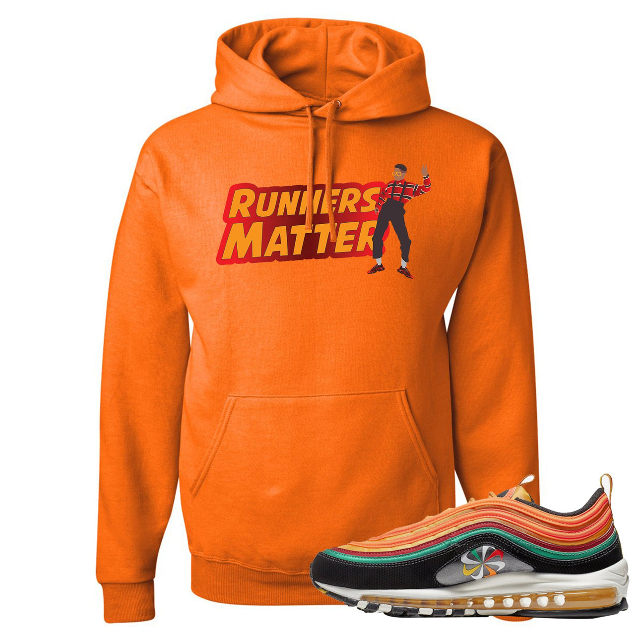 Printed on the front of the Air Max 97 Sunburst safety orange sneaker matching pullover hoodie is the Runners Matter logo