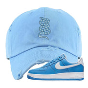 University Blue Low AF1s Distressed Dad Hat | Coiled Snake, Light Blue