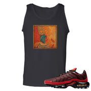 printed on the front of the air max plus sunburst sneaker matching black tank top is the vintage egyptian logo